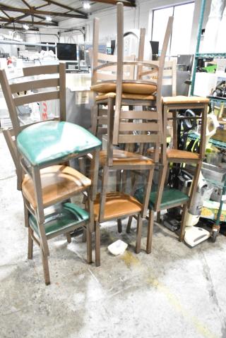7 Brown Metal Dining Height Chair w/ Tan and Green Seat Cushions. 7 Times Your Bid!