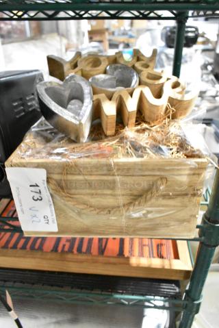 3 Various Items Including Decorations and Wooden Bin. 3 Times Your Bid!