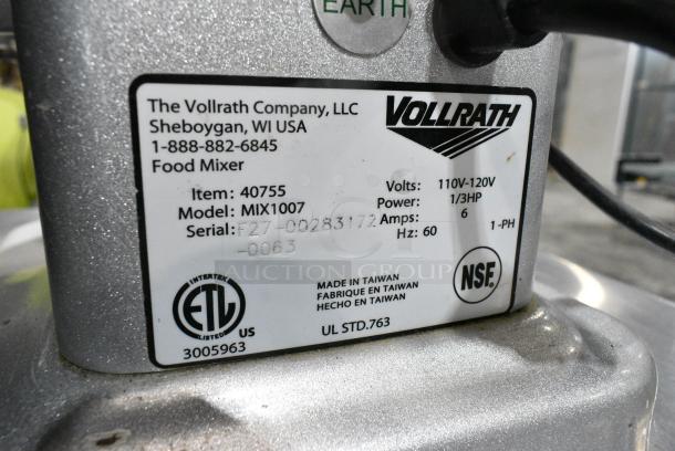 Vollrath MIX1007 Metal Countertop Planetary Dough Mixer w/ Stainless Steel Mixing Bowl. 110-120 Volts, 1 Phase. Tested and Working! - Image 3 of 3