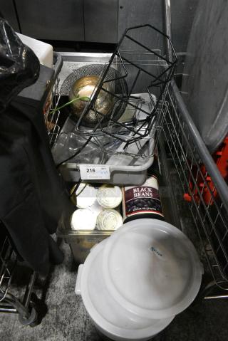 ALL ONE MONEY! Lot of Various Items Including Canned Black Beans, Soup, Poly Bins, Bottles.