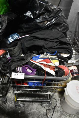 Metal Laundry Cart on Commercial Casters w/ Contents Including Shoes and Metal Baking Pans.