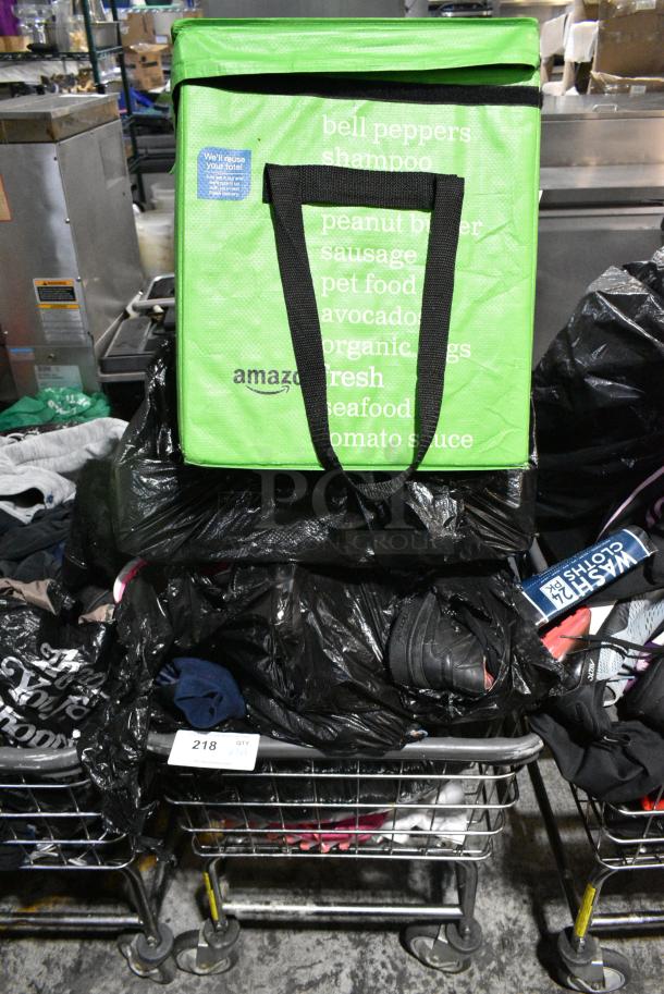 Metal Laundry Cart on Commercial Casters w/ Contents Including Shoes and Dish Caddy. - Image 1 of 5