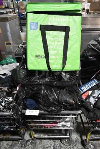 Metal Laundry Cart on Commercial Casters w/ Contents Including Shoes and Dish Caddy.