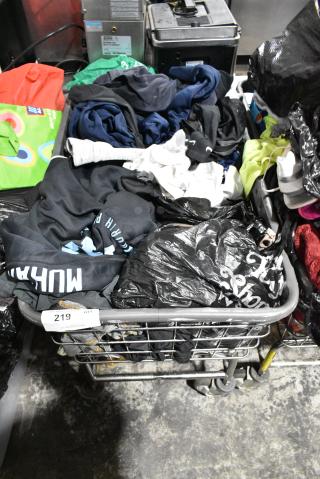 Metal Laundry Cart on Commercial Casters w/ Contents Including Clothing.