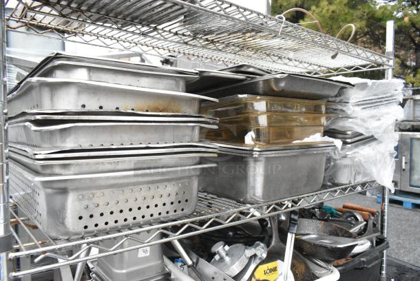 Chrome Finish 5 Tier Wire Shelving Unit w/ Contents Including Stainless Steel Drop In Bins, Poly Bins and Stock Pots. BUYER MUST DISMANTLE. PCI CANNOT DISMANTLE FOR SHIPPING. PLEASE CONSIDER FREIGHT CHARGES. - Image 3 of 6