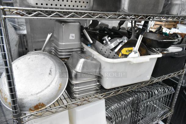 Chrome Finish 5 Tier Wire Shelving Unit w/ Contents Including Stainless Steel Drop In Bins, Poly Bins and Stock Pots. BUYER MUST DISMANTLE. PCI CANNOT DISMANTLE FOR SHIPPING. PLEASE CONSIDER FREIGHT CHARGES. - Image 4 of 6