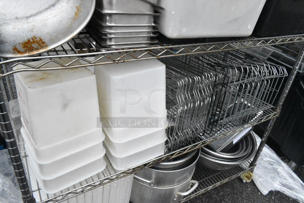 Chrome Finish 5 Tier Wire Shelving Unit w/ Contents Including Stainless Steel Drop In Bins, Poly Bins and Stock Pots. BUYER MUST DISMANTLE. PCI CANNOT DISMANTLE FOR SHIPPING. PLEASE CONSIDER FREIGHT CHARGES. - Image 5 of 6