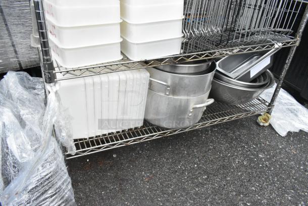 Chrome Finish 5 Tier Wire Shelving Unit w/ Contents Including Stainless Steel Drop In Bins, Poly Bins and Stock Pots. BUYER MUST DISMANTLE. PCI CANNOT DISMANTLE FOR SHIPPING. PLEASE CONSIDER FREIGHT CHARGES. - Image 6 of 6