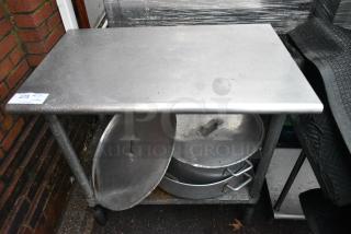 Stainless Steel Table w/ Metal Under Shelf and Contents Including Metal Stock Pots.