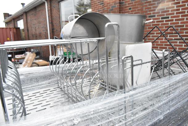 Chrome Finish 5 Tier Wire Shelving Unit on Commercial Casters w/ Contents Including Pizza Pan Rack, Metal Stock Pots, Gas Hoses, Round Metal Pans. BUYER MUST DISMANTLE. PCI CANNOT DISMANTLE FOR SHIPPING. PLEASE CONSIDER FREIGHT CHARGES. - Image 2 of 11