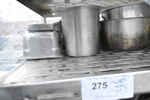 Chrome Finish 5 Tier Wire Shelving Unit on Commercial Casters w/ Contents Including Pizza Pan Rack, Metal Stock Pots, Gas Hoses, Round Metal Pans. BUYER MUST DISMANTLE. PCI CANNOT DISMANTLE FOR SHIPPING. PLEASE CONSIDER FREIGHT CHARGES. - Image 4 of 11