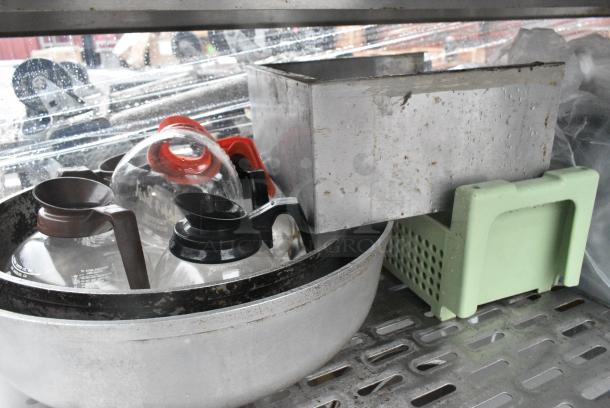 Chrome Finish 5 Tier Wire Shelving Unit on Commercial Casters w/ Contents Including Pizza Pan Rack, Metal Stock Pots, Gas Hoses, Round Metal Pans. BUYER MUST DISMANTLE. PCI CANNOT DISMANTLE FOR SHIPPING. PLEASE CONSIDER FREIGHT CHARGES. - Image 8 of 11