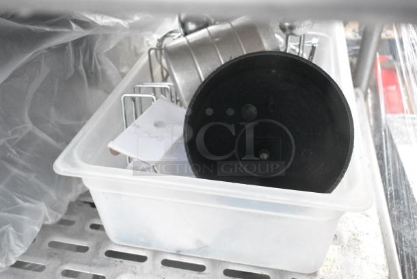 Chrome Finish 5 Tier Wire Shelving Unit on Commercial Casters w/ Contents Including Pizza Pan Rack, Metal Stock Pots, Gas Hoses, Round Metal Pans. BUYER MUST DISMANTLE. PCI CANNOT DISMANTLE FOR SHIPPING. PLEASE CONSIDER FREIGHT CHARGES. - Image 9 of 11