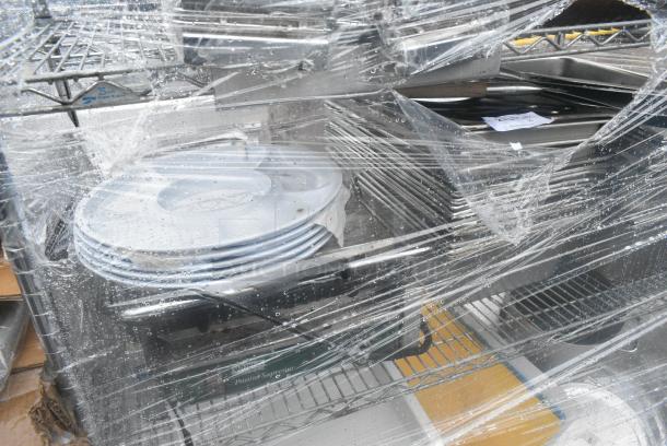 Chrome Finish Wire Shelving Unit w/ Contents Including Poly Dough Bins, Round Metal Baking Pans, Stainless Steel Drop In Bins. BUYER MUST DISMANTLE. PCI CANNOT DISMANTLE FOR SHIPPING. PLEASE CONSIDER FREIGHT CHARGES. - Image 4 of 6