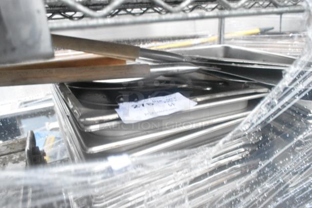 Chrome Finish Wire Shelving Unit w/ Contents Including Poly Dough Bins, Round Metal Baking Pans, Stainless Steel Drop In Bins. BUYER MUST DISMANTLE. PCI CANNOT DISMANTLE FOR SHIPPING. PLEASE CONSIDER FREIGHT CHARGES. - Image 5 of 6