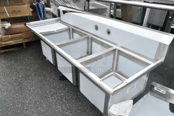BRAND NEW SCRATCH AND DENT! Regency 600S3162018L Stainless Steel 3 Bay Sink w/ Left Side Drain Board. No Legs. - Image 3 of 4