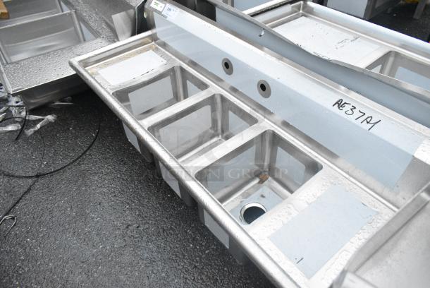 BRAND NEW SCRATCH AND DENT! Regency 600S31014212 58" 16-Gauge Stainless Steel Three Compartment Commercial Sink w/  2 Drainboards - 10" x 14" x 10" Bowls. No Legs. - Image 3 of 4