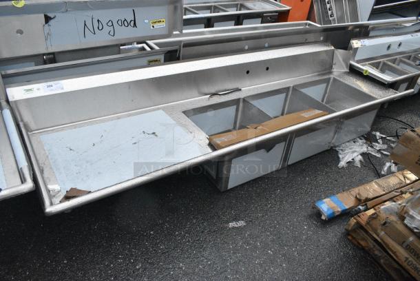 BRAND NEW SCRATCH AND DENT! Regency 600DDTS108L 16-Gauge 9' Soiled / Dirty Dish Table with 3-Compartment Sink - 20" x 20" x 12" Bowls - Left Drainboard - Image 1 of 4