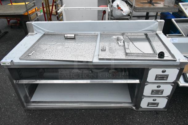 BRAND NEW SCRATCH AND DENT! Regency 600EBTB3072R 30" x 72" 16 Gauge Type 304 Stainless Steel Enclosed Base Sliding Door Table with Drawers and 6" Backsplash - Image 1 of 3