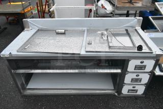 BRAND NEW SCRATCH AND DENT! Regency 600EBTB3072R 30" x 72" 16 Gauge Type 304 Stainless Steel Enclosed Base Sliding Door Table with Drawers and 6" Backsplash