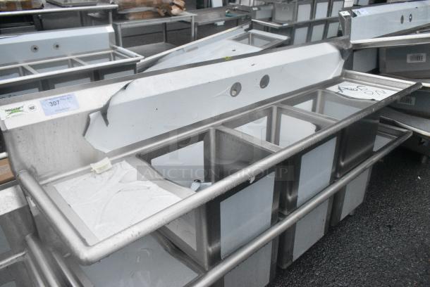 BRAND NEW SCRATCH AND DENT! Regency 600S31515215 66 1/2" 16-Gauge Stainless Steel Three Compartment Commercial Sink with 1 Drainboard - 15" x 15" x 12" Bowls. No Legs. - Image 1 of 3