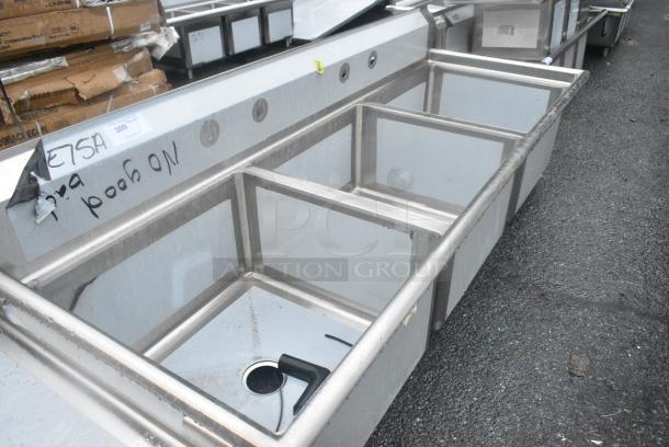 BRAND NEW SCRATCH AND DENT! Regency 600S32424 124" 16-Gauge Stainless Steel Three Compartment Commercial Sink with 2 Drainboards - 24" x 24" x 14" Bowls. No Legs. - Image 2 of 4