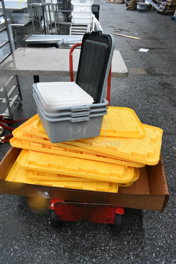ALL ONE MONEY! Lot of Red Metal Furniture Dolly, Yellow Poly Lids, Gray Bus Bins. - Image 1 of 4