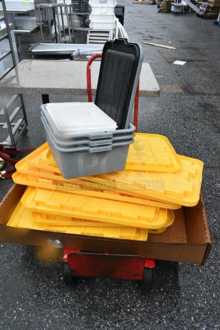 ALL ONE MONEY! Lot of Red Metal Furniture Dolly, Yellow Poly Lids, Gray Bus Bins.
