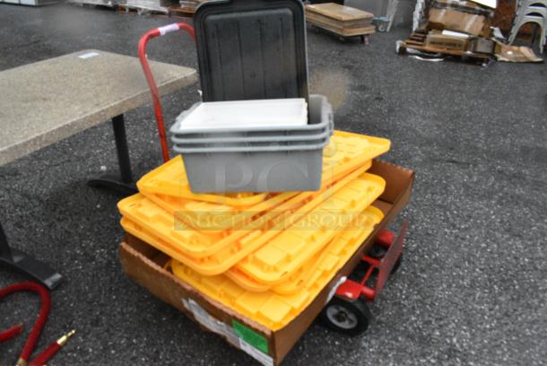 ALL ONE MONEY! Lot of Red Metal Furniture Dolly, Yellow Poly Lids, Gray Bus Bins. - Image 2 of 4