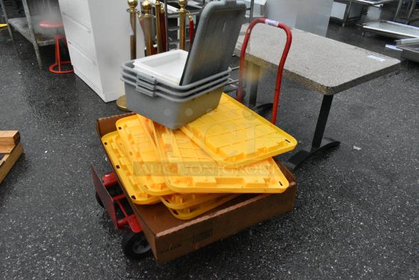 ALL ONE MONEY! Lot of Red Metal Furniture Dolly, Yellow Poly Lids, Gray Bus Bins. - Image 3 of 4