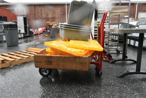 ALL ONE MONEY! Lot of Red Metal Furniture Dolly, Yellow Poly Lids, Gray Bus Bins. - Image 4 of 4