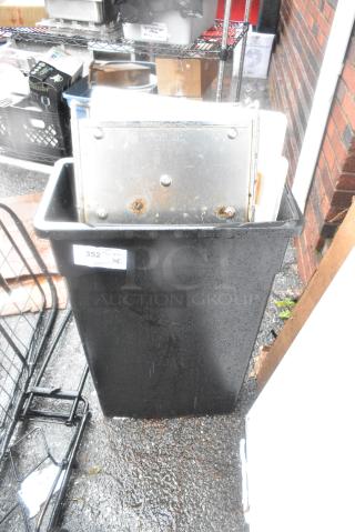 ALL ONE MONEY! Lot of Black Poly Slim Jim Trash Can w/ Contents Including Metal Pieces and Poly Lids