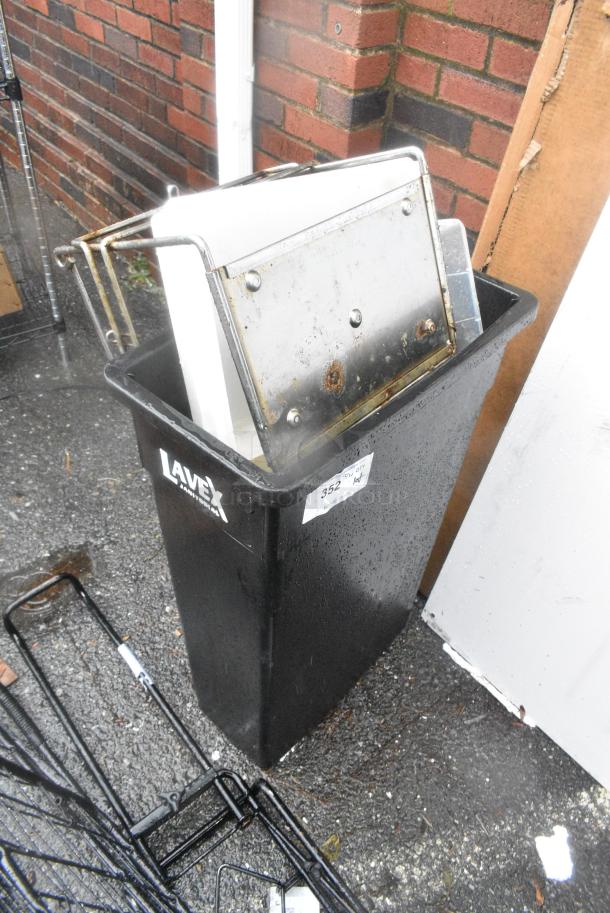 ALL ONE MONEY! Lot of Black Poly Slim Jim Trash Can w/ Contents Including Metal Pieces and Poly Lids - Image 2 of 4