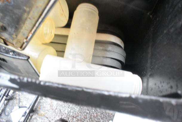 ALL ONE MONEY! Lot of Black Poly Slim Jim Trash Can w/ Contents Including Metal Pieces and Poly Lids - Image 4 of 4