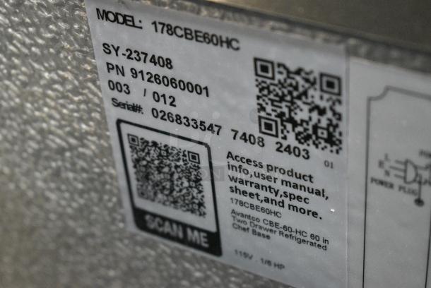 BRAND NEW SCRATCH AND DENT! 2024 Avantco 178CBE60HC Stainless Steel 2 Drawer Chef Base. 115 Volts, 1 Phase. Tested and Working! - Image 5 of 5