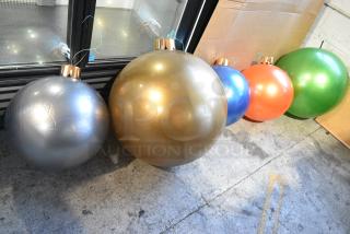 ALL ONE MONEY! Lot of Christmas Decor Including 6 Large Blow Up Ornaments (5 blown up and 1 New In Box) and 1 Fast Inflator