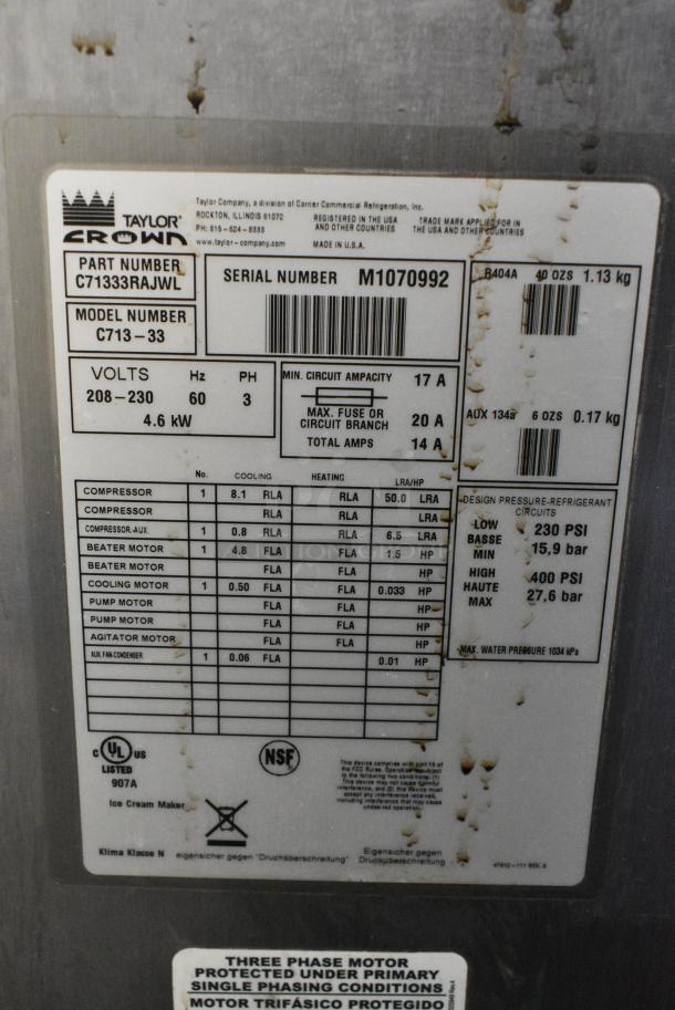 Taylor C713-33 Stainless Steel Commercial Floor Style Water Cooled 2 Flavor w/ Twist Soft Serve Ice Cream Machine on Commercial Casters. 208-230 Volts, 3 Phase. - Image 8 of 8