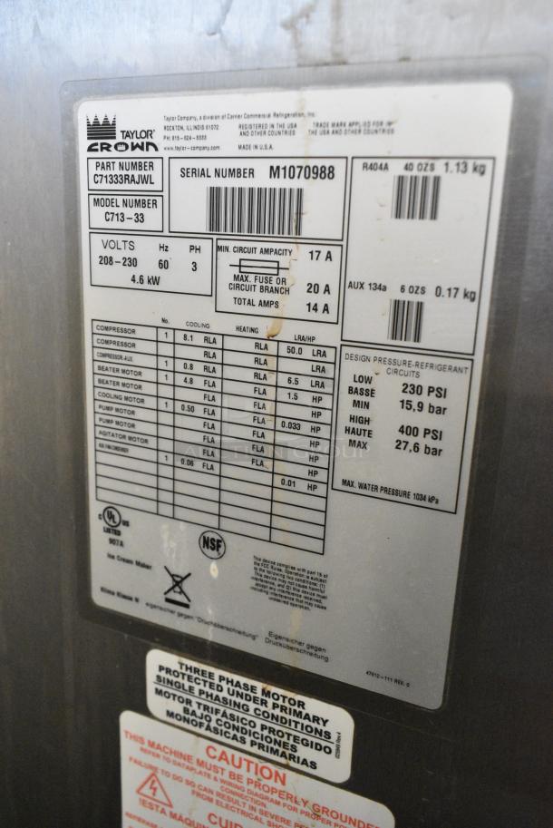 Taylor C713-33 Stainless Steel Commercial Floor Style Water Cooled 2 Flavor w/ Twist Soft Serve Ice Cream Machine on Commercial Casters. 208-230 Volts, 3 Phase. - Image 8 of 8