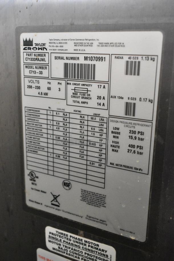 Taylor C713-33 Stainless Steel Commercial Floor Style Water Cooled 2 Flavor w/ Twist Soft Serve Ice Cream Machine on Commercial Casters. 208-230 Volts, 3 Phase. - Image 8 of 8