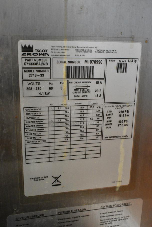 Taylor C713-33 Stainless Steel Commercial Floor Style Water Cooled 2 Flavor w/ Twist Soft Serve Ice Cream Machine on Commercial Casters. 208-230 Volts, 3 Phase. - Image 8 of 8