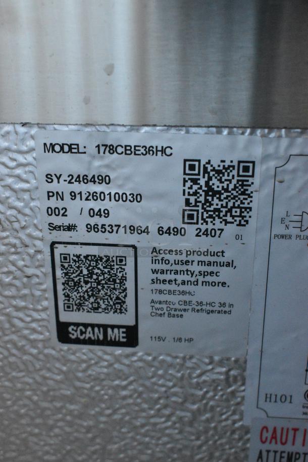 BRAND NEW SCRATCH AND DENT! 2024 Avantco 178CBE36HC Stainless Steel 36" 2 Drawer Refrigerated Chef Base on Commercial Casters. 115 Volts, 1 Phase. Tested and Does Not Power On - Image 6 of 6