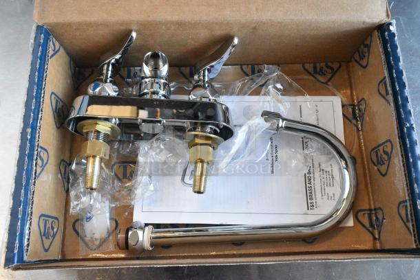 BRAND NEW SCRATCH AND DENT! 510B114602A T&S B-1146-02A Wall Mount Workboard Faucet with 4" Centers, 4 3/8" Gooseneck Spout, Escutcheon, Aerator, and Tailpieces - Image 1 of 3