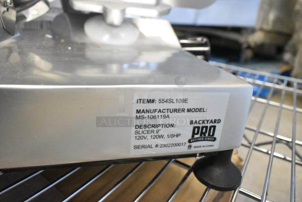 BRAND NEW SCRATCH AND DENT! 2023 Backyard Pro 554SL109E Metal Butcher Series 9" Manual Gravity Feed Meat Slicer w/ Blade Sharpener. 120 Volts, 1 Phase. Tested and Working! - Image 7 of 7