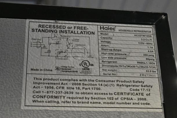 Haier HC32TW10SB Mini Cooler w/ Freezer. 115 Volts, 1 Phase. Cannot Test Due To Damaged Plug - Image 7 of 7