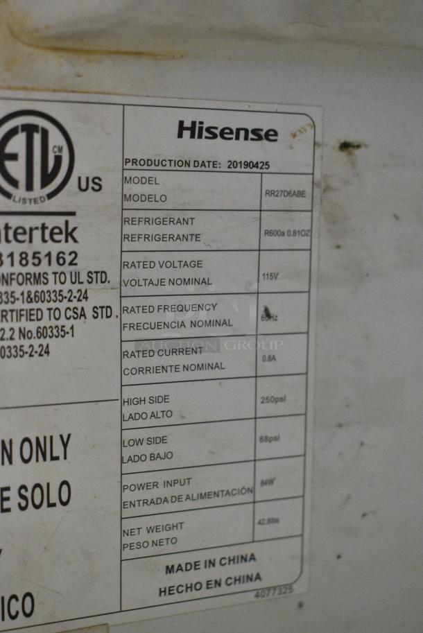 Hisense RR27D6ABE Mini Cooler. 115 Volts, 1 Phase. Tested and Powers On But Does Not Get Cold - Image 7 of 7