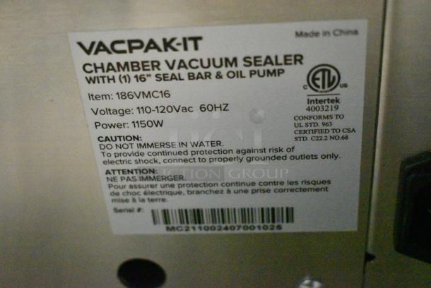 BRAND NEW SCRATCH AND DENT! VacPak-It 186VMC16 Chamber Vacuum Packaging Machine with 16" Seal Bar and Oil Pump. 110-120 Volts, 1 Phase. Tested and Working! - Image 5 of 5