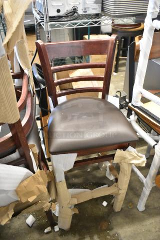 4 BRAND NEW SCRATCH AND DENT! Lancaster Table & Seating 164BLADMAHFR Wooden Bar Height Chair. 4 Times Your Bid!