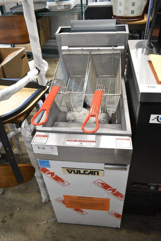 BRAND NEW SCRATCH AND DENT! Vulcan 1VEG35M-1 Stainless Steel Commercial Floor Style Natural Gas Powered Deep Fat Fryer w/ 2 Metal Fry Baskets. 70,000 BTU. - Image 1 of 6