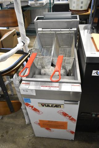 BRAND NEW SCRATCH AND DENT! Vulcan 1VEG35M-1 Stainless Steel Commercial Floor Style Natural Gas Powered Deep Fat Fryer w/ 2 Metal Fry Baskets. 70,000 BTU.