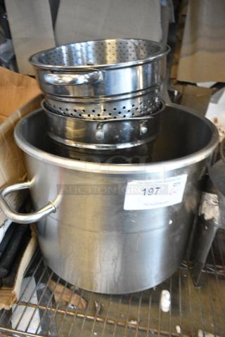 6 Various Items Including Stock Pot and Cylindrical Drop In Straining Bins. 6 Times Your Bid!